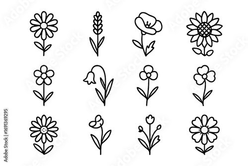 Wildflower Icon Set. Outline icon set of Wildflowers in bloom: daisy, lavender, poppy, sunflower, chamomile,