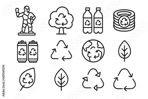 Recycled Art Icons. Outline icon set of outdoor recycled installations: large sculpture, tree, recycled