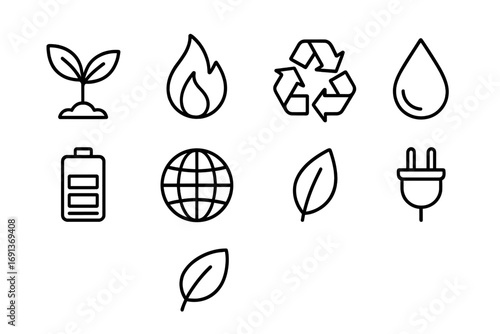 Biomass Energy Icons. Outline icon set of biomass energy: plant, fire flame, recycling arrows, droplet,