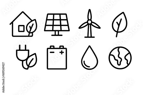 Eco Building Icons. Outline icon set of eco-friendly buildings: house, solar panel, wind turbine, leaf, plug,