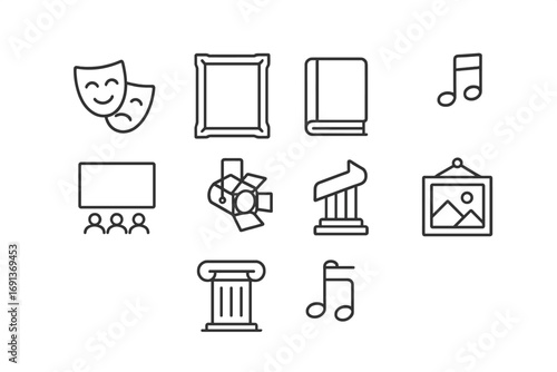 Cultural Icons Grid. Outline icon set of cultural towers: theater mask, art frame, book, music note, cinema