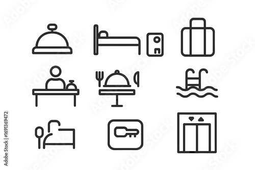 Hospitality Icon Set. Outline icon set of hospitality towers: hotel bell, bed, key card, suitcase, reception