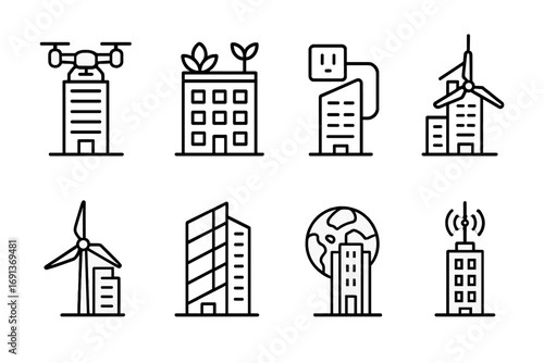 Futuristic Tower Icon Set. Outline icon set of future tower concepts: drone, rooftop garden, smart plug, solar
