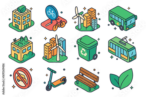 Green City Icons. Colorful isometric vector icons set of green city activism: eco-building, bicycle lane, electric bus, rooftop