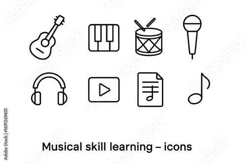 Musical Skills Icon Set. Outline icon set of musical skill learning: guitar, piano keys, drum, microphone,