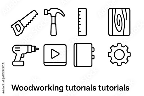 Woodworking Icon Grid. Outline icon set of woodworking tutorials: saw, hammer, ruler, plank, drill, video play