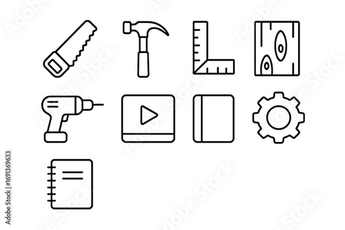 Woodworking Icon Grid. Outline icon set of woodworking tutorials: saw, hammer, ruler, plank, drill, video play