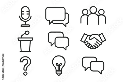 Public Discussion Icons. Outline icon set of public discussions: microphone, speech bubble, group of people,