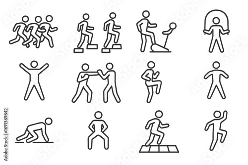 Group Workout Icons. Outline icon set of Group cardio training: people running, step aerobics, spin bike, skipping rope, jumping