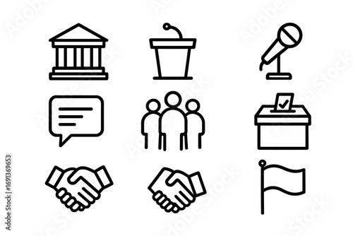 Town Hall Icon Set. Outline icon set of public discussions: microphone, speech bubble, group of people, podium