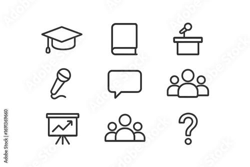 Academic Icon Set. Outline icon set of academic panels: graduation cap, book, podium, microphone, speech