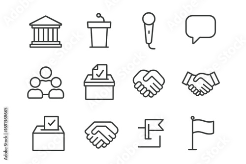 Town Hall Icon Set. Outline icon set of town hall meetings: building, podium, microphone, speech bubble,