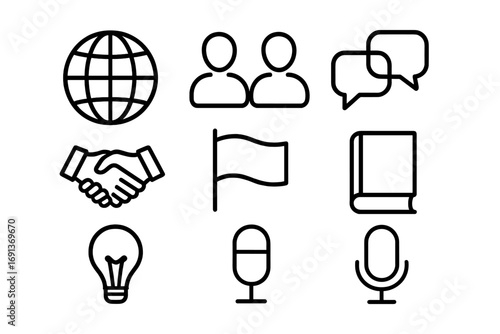 Cultural Dialogue Icons. Outline icon set of cultural exchange discussions: globe, people, speech bubbles,