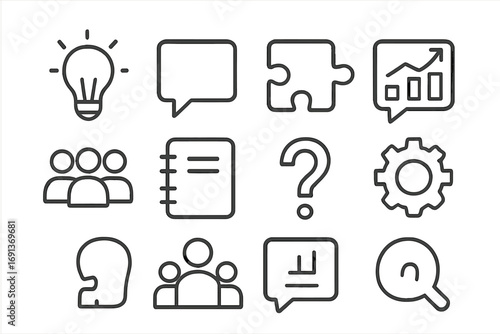 Brainstorming Icon Set. Outline icon set of brainstorming discussions: light bulb, speech bubble, puzzle piece