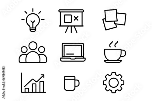 Creative Brainstorming Icons. Outline icon set of creative brainstorming in a modern office: light bulb,