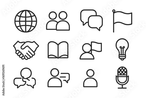 Cultural Dialogue Icons. Outline icon set of town hall meetings: building, podium, microphone, speech bubble,