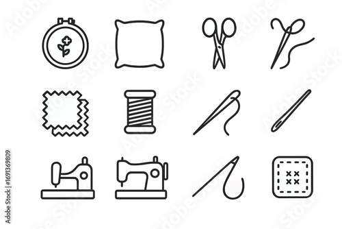 Textile Craft Icons. Outline icon set of textile crafting: embroidery hoop, pillow, scissors, fabric swatch,