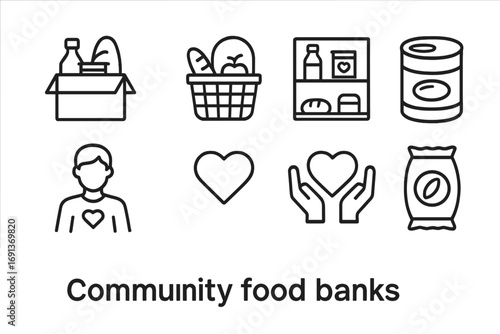 Community Food Bank Icons. Outline icon set of community food banks: donation box, basket, shelves, soup can,