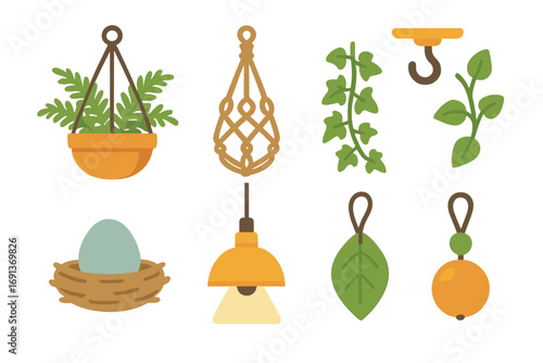 Hanging Planter Display. Flat vector mini-illustrations Hanging planter display in colors children's illustrations: hanging pot
