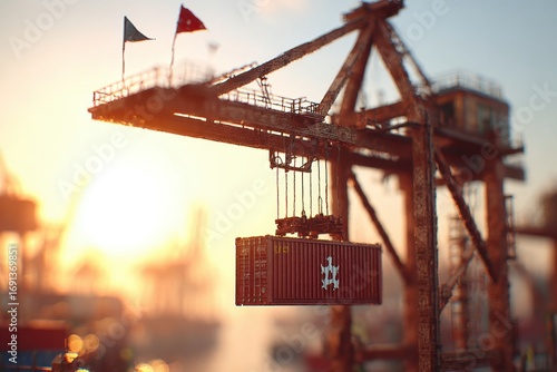 Industrial port crane lifting a shipping container at sunset, miniature effect.