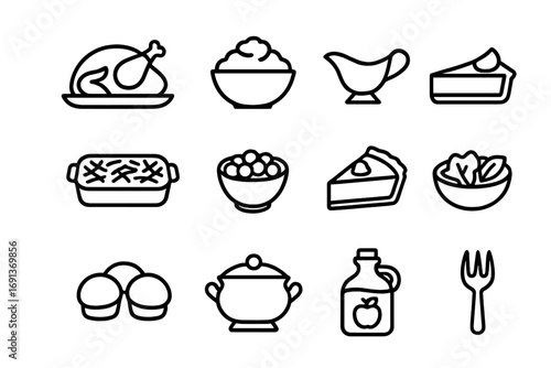 Harvest Dinner Icons. Outline icon set of Seasonal harvest dinner: roasted turkey, mashed potatoes, gravy boat, green bean