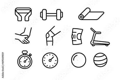 Rehab Therapy Icons. Outline icon set of rehabilitation and physical therapy for athletes: stretching band,