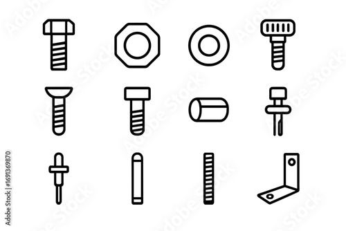 Hardware Icon Set. Outline icon set of Fasteners & hardware: hex bolt, hex nut, flat washer, lock washer, machine screw, socket