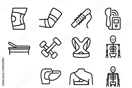 Therapy Icon Set. Outline icon set of joint and muscle therapy: knee brace, elbow wrap, massage roller,