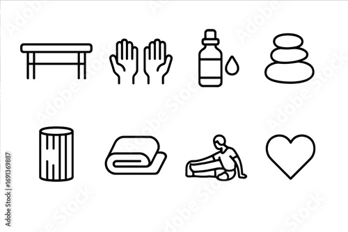 Sports Massage Icons. Outline icon set of sports massage therapy: massage table, therapist hands, oil bottle,