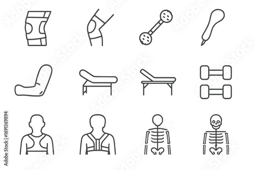 Therapy Icon Set. Outline icon set of joint and muscle therapy: knee brace, elbow wrap, massage roller,