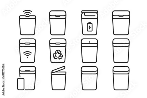 Smart Trash Can Icons. Outline icon set of smart trash cans: sensor lid, automatic flap, battery symbol, Wi-Fi