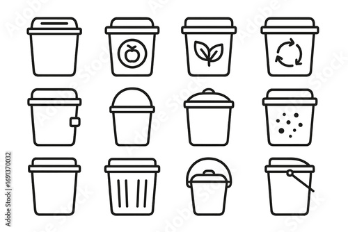 Compost Bin Icons. Outline icon set of compost bins: vented lid, organic symbol, leaves, compost arrows, side