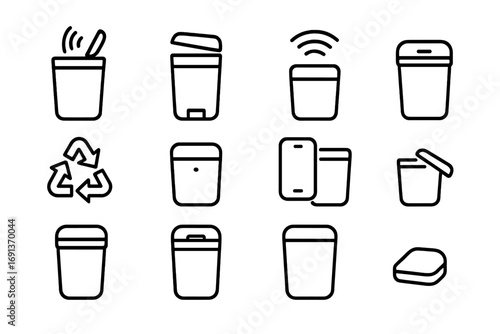 Smart Trash Can Icons. Outline icon set of smart trash cans: sensor lid, automatic flap, battery symbol, Wi-Fi