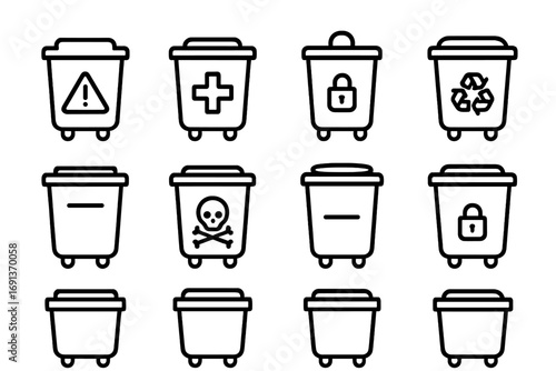 Hazardous Waste Bin Icons. Outline icon set of hazardous waste bins: warning triangle, medical cross, secure