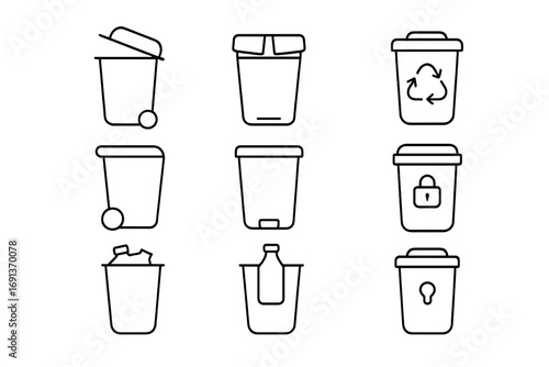 Waste Bin Icons. Outline icon set of multipurpose waste bins: removable lid, double flap, recycling arrows,