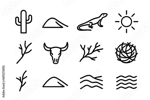 Desert Icon Grid. Outline icon set of desert serenity: cactus, dune, lizard, sun, dry branch, skull,