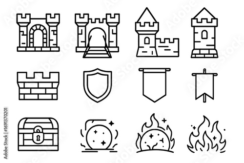 Fantasy Fortress Icons. Outline icon set of fantasy fortresses: stone gate, drawbridge, tower, battlements,