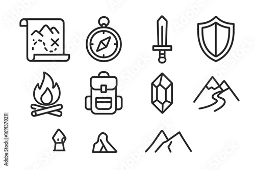 Epic Quest Icons. Outline icon set of epic quests: map scroll, compass, sword, shield, campfire, backpack,