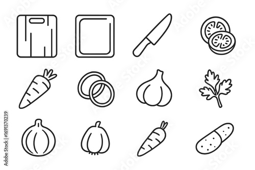 Kitchen Icon Set. Outline icon set of cutting board slot: wooden cutting board, slot groove, kitchen knife,