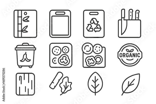 Eco-Friendly Cutting Boards Icons. Outline icon set of eco-friendly cutting boards: bamboo board, slot channel