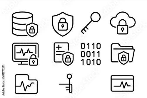 Encrypted Health Icons. Outline icon set of encrypted health systems: database, shield lock, encryption key,