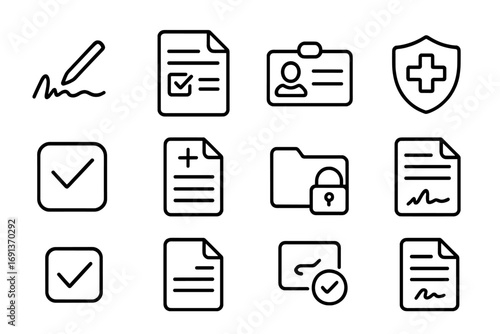 Patient Consent Icons. Outline icon set of patient consent management: signature, form, ID card, shield,