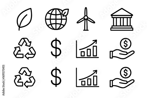 Sustainable Finance Icons. Outline icon set of sustainable finance: green leaf, eco globe, renewable energy