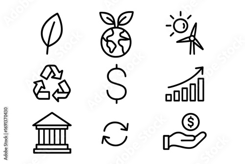 Sustainable Finance Icons. Outline icon set of sustainable finance: green leaf, eco globe, renewable energy
