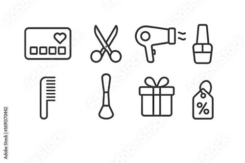 Salon Loyalty Icons. Outline icon set of loyalty card for salon services: loyalty card, scissors, hair dryer,