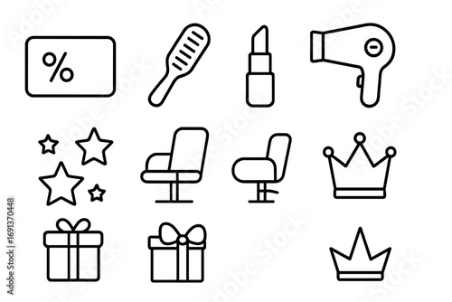 Beauty Salon Icon Set. Outline icon set of beauty salon discount cards: card with percentage, hairbrush,
