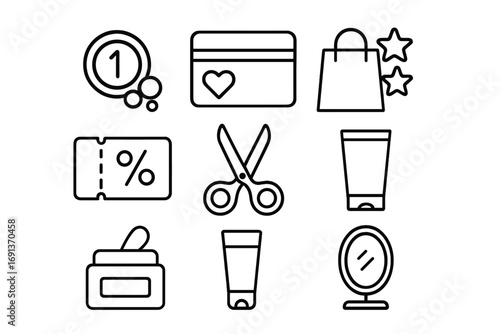 Salon Rewards Icons. Outline icon set of customer rewards in salons: point system, loyalty card, shopping bag,