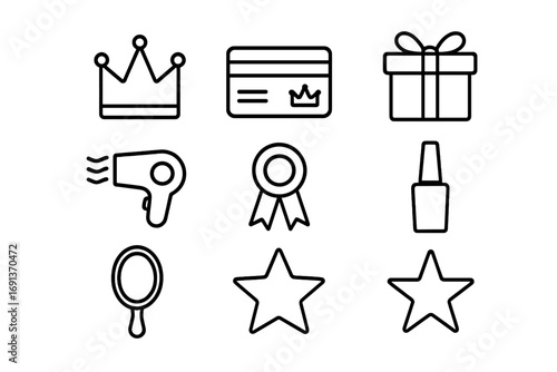 Salon Icon Set. Outline icon set of premium salon membership: crown, loyalty card, gift box, hair dryer,