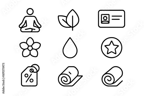 Wellness Icons Collection. Outline icon set of wellness club loyalty: yoga pose, spa leaf, membership card,