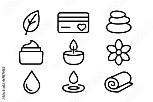 Holistic Beauty Icons. Outline icon set of holistic beauty rewards: herbal leaf, loyalty card, massage stone,